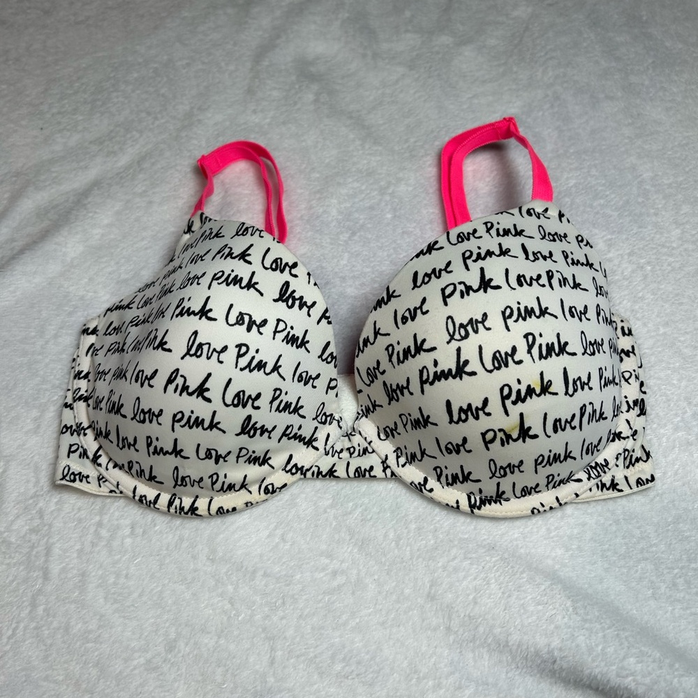 Pink Victoria's Secret Bra white Black print 34D Padded Cup Underwire
